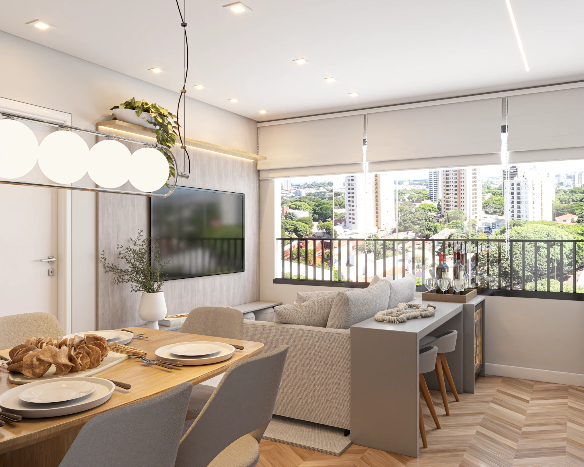 Sala e cozinha decoradas